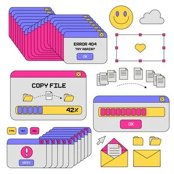 Vivid colors 80s old computer aestethic elements set. Retro pc user interface Illustrazione stock