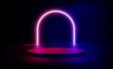 Vivid composition with circle podium and neon arc. 3d vector illustration Stock-Illustration