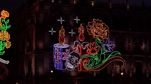 Vivid Day of the Dead Light Display in Zocalo, Mexico City Stock Footage 324794674