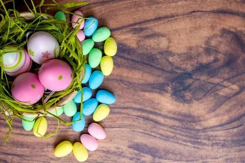 Vivid Easter Scene. Contemporary Easter Background With Colorful Sweets Stock Photos