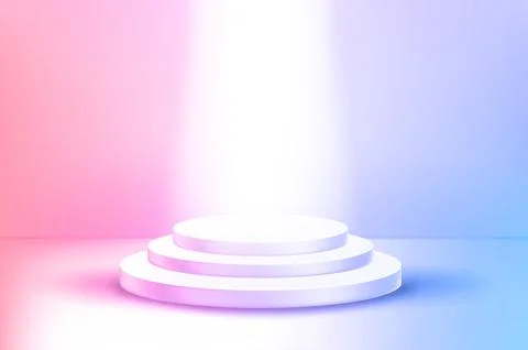 Vivid empty stage with round showcase and bright projector. 3d vector illus.. Stock-Illustration