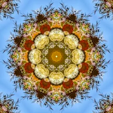 Vivid flowers in a patterned display of flowers in circular arrangement at Stock Photos