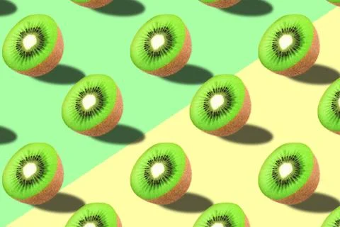 Vivid fruit pattern of fresh kiwi on colourful background Stock Photos