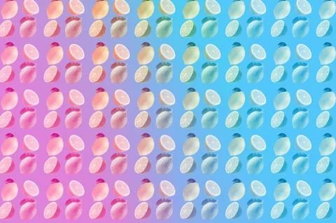 Vivid fruit pattern of fresh lemon on colourful background Stock Photos