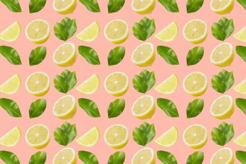 Vivid fruit pattern of fresh lemon on colourful background Stock Photos