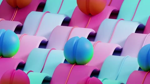 Vivid Gradient Summer Spheres Rolling Along Wavy Track: Seamless 3D Loop Stock Footage 277262733