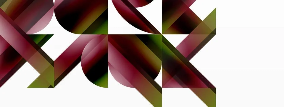 Vivid gradient triangles and circles on white. Mesmerizing fusion of shapes for Stock Illustration