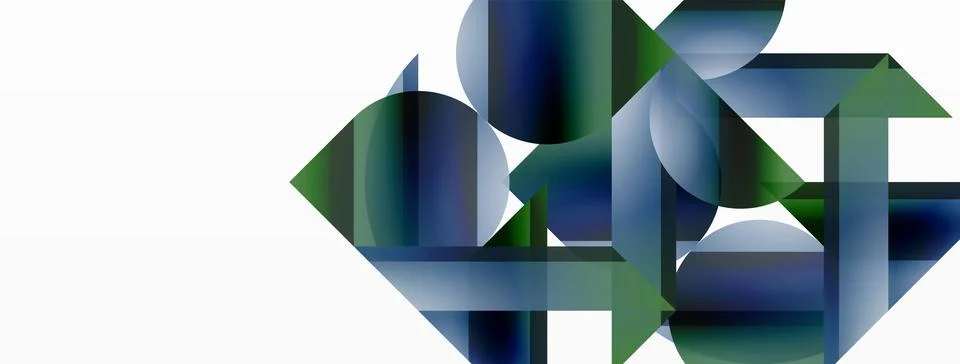 Vivid gradient triangles and circles on white. Mesmerizing fusion of shapes for Stock Illustration