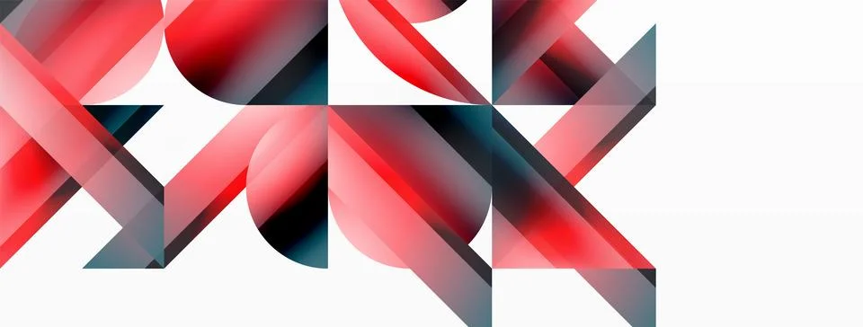 Vivid gradient triangles and circles on white. Mesmerizing fusion of shapes for Stock Illustration