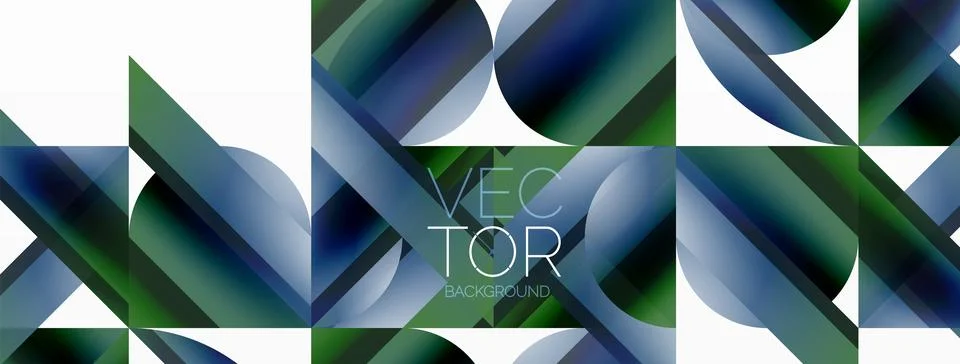 Vivid gradient triangles and circles on white. Mesmerizing fusion of shapes for Stock Illustration
