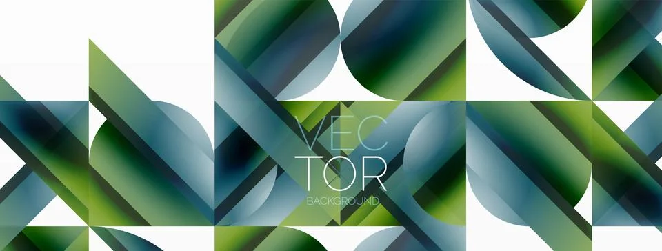 Vivid gradient triangles and circles on white. Mesmerizing fusion of shapes for Stock Illustration