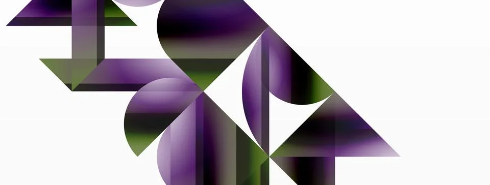 Vivid gradient triangles and circles on white. Mesmerizing fusion of shapes for Stock Illustration