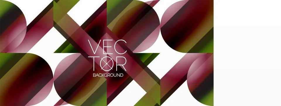Vivid gradient triangles and circles on white. Mesmerizing fusion of shapes for Stock Illustration
