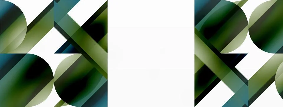 Vivid gradient triangles and circles on white. Mesmerizing fusion of shapes for Stock Illustration