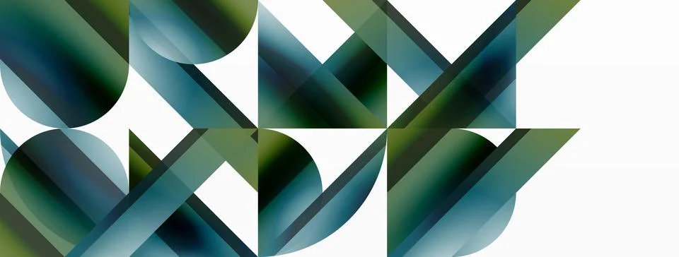Vivid gradient triangles and circles on white. Mesmerizing fusion of shapes for Stock Illustration