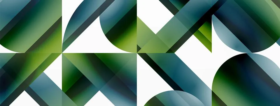 Vivid gradient triangles and circles on white. Mesmerizing fusion of shapes for Stock Illustration