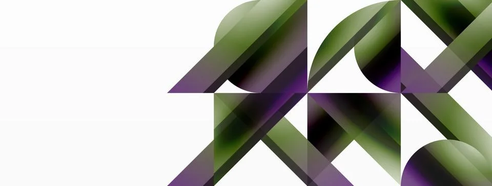 Vivid gradient triangles and circles on white. Mesmerizing fusion of shapes for Stock Illustration