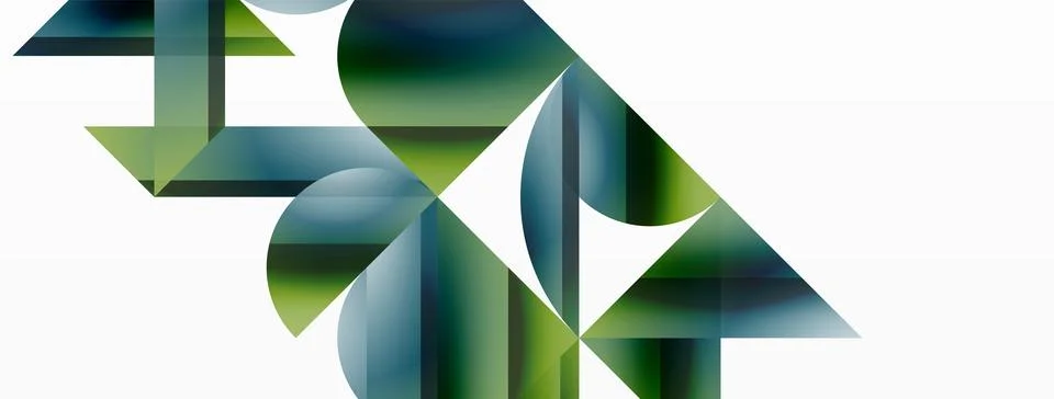 Vivid gradient triangles and circles on white. Mesmerizing fusion of shapes for Stock Illustration