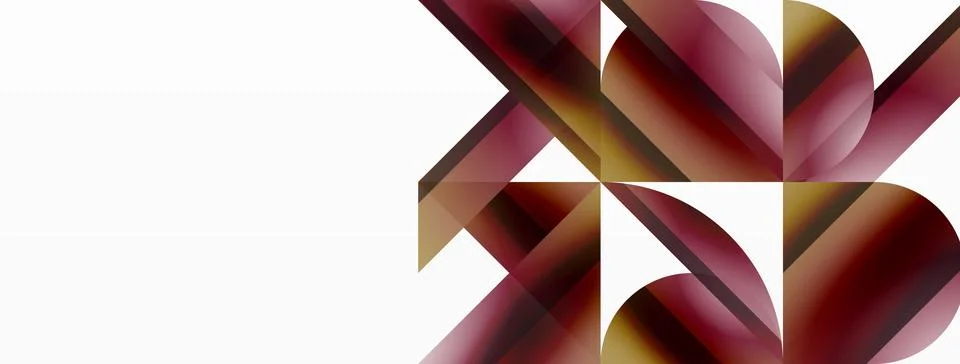 Vivid gradient triangles and circles on white. Mesmerizing fusion of shapes for Stock Illustration