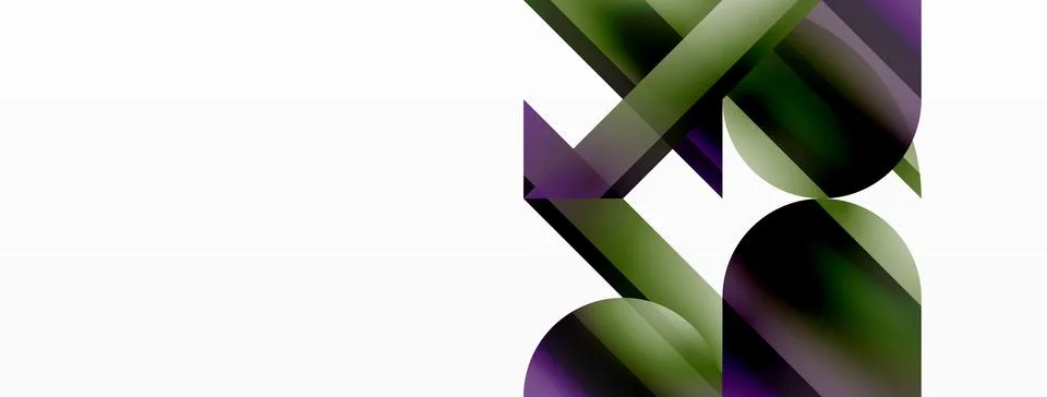 Vivid gradient triangles and circles on white. Mesmerizing fusion of shapes for Stock Illustration