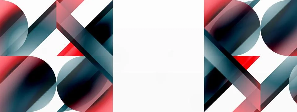 Vivid gradient triangles and circles on white. Mesmerizing fusion of shapes for Stock Illustration
