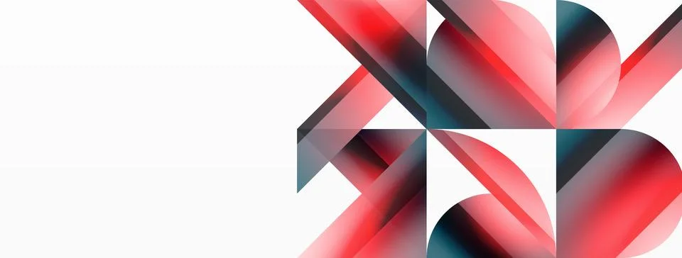 Vivid gradient triangles and circles on white. Mesmerizing fusion of shapes for Illustrazione stock