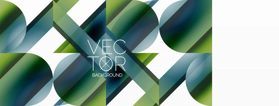 Vivid gradient triangles and circles on white. Mesmerizing fusion of shapes for Stock Illustration