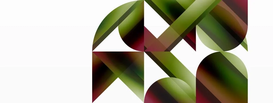 Vivid gradient triangles and circles on white. Mesmerizing fusion of shapes for Stock Illustration