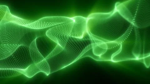 Vivid green digital waves composed of glowing particles twist and flow throug Stock Photos