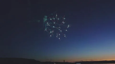 Vivid green firework blossoming in twilight sky over coastal silhouette Stock Footage 340632681