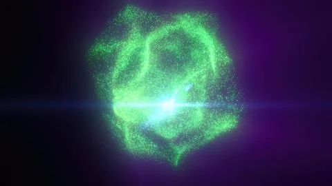 Vivid green particles floating in a dark purple sphere forming a glowing or.. Illustrazione stock