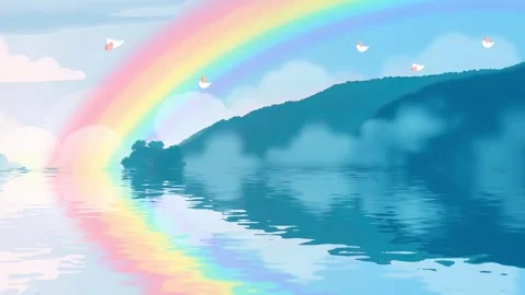 Vivid Land Rainbow Reflection Over a Gentle River Stock Footage 303813134