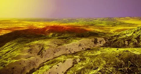 Vivid landscape of otherworldly terrain with dramatic color contrasts at dusk Stock-Illustration