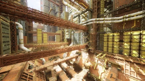 Vivid light bursts accentuate rusted structural beams in factories Stock Footage 329943243
