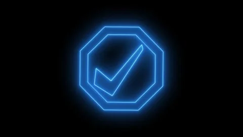 Vivid Neon Check Mark Looping Animation, Neon Checkmark in Octagonal Frame Stock Footage 307773178
