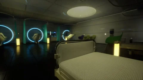 Vivid neonlit accommodations with circular design elements and soft bedding Stock Footage 339794682