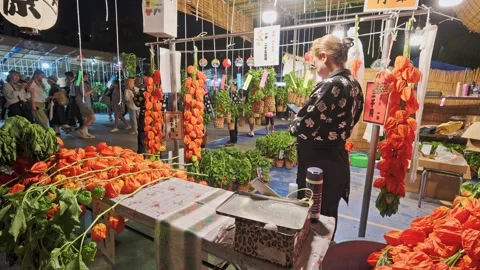 Vivid Orange Ground Cherries at Night Market Stall, Asakusa Stock Footage 342002658