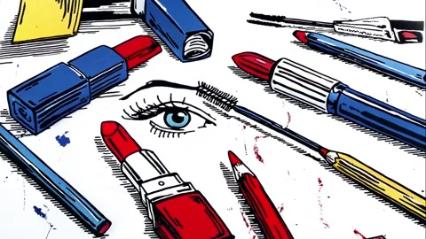 Vivid pattern with makeup brushes, beauty products, and eye shadows Stock Footage 308054879