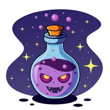 Vivid Purple Magic Potion with Mischievous Ghostly Face Illustration