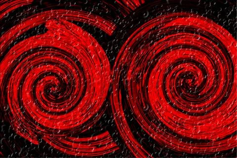 Vivid red spiral abstract background with concentric swirls and wet droplet.. Illustrazione stock