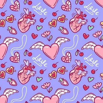 Vivid romantic pattern, Cheerful hearts with sweet accents, Playful design with Stock Illustration