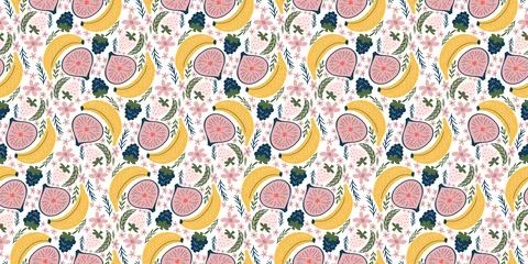 Vivid seamless pattern featuring bananas, figs, blackberries, white strawbe.. Stock Illustration