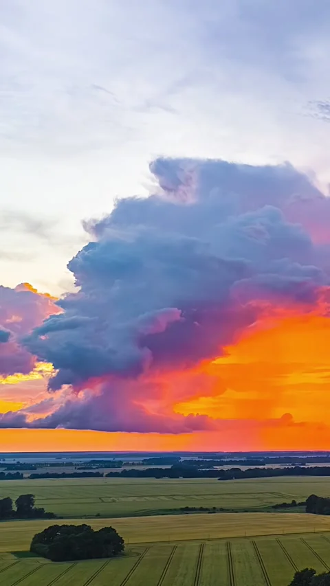 Vivid Storm Cloud Timelapse Glows Above Farmland at Sunset Stock Footage 339639962