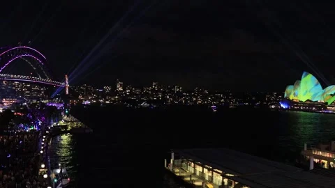 Vivid Sydney night time light show projection on city architecture landmark 4k. Stock Footage 248647972