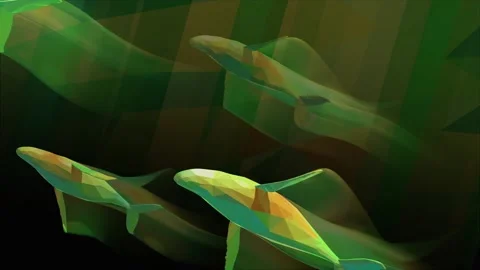 VJ 3d animation of orange and green whales swimming around Stock Footage 234358192