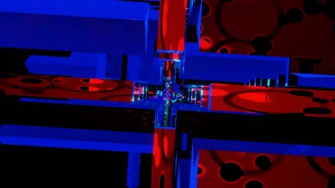 VJ Loop is an Abstract Mystical Tunnel of Blue Rectangles with Red Rings. Stock-Footage 167083966