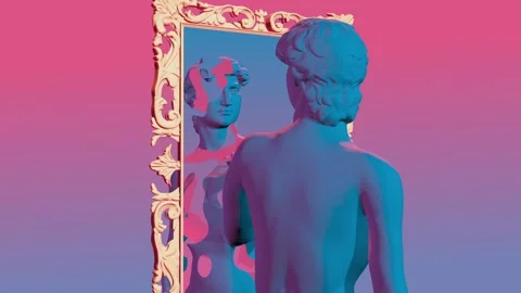 Vj Loop of an animated David statue looking at itself broken in the mirror Stock Footage 234321479
