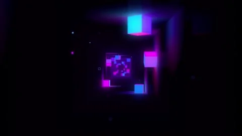Vj Loop of blue and purple squares in a square cave tunnel Stock Footage 234322743