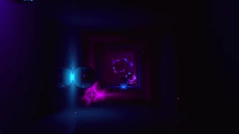 Vj Loop of blue and purple balls in a square cave tunnel Stock Footage 234322767