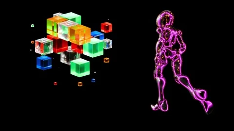 VJ loop creation featuring vibrant crystal cubes and futuristic figure 스톡 동영상 292752784